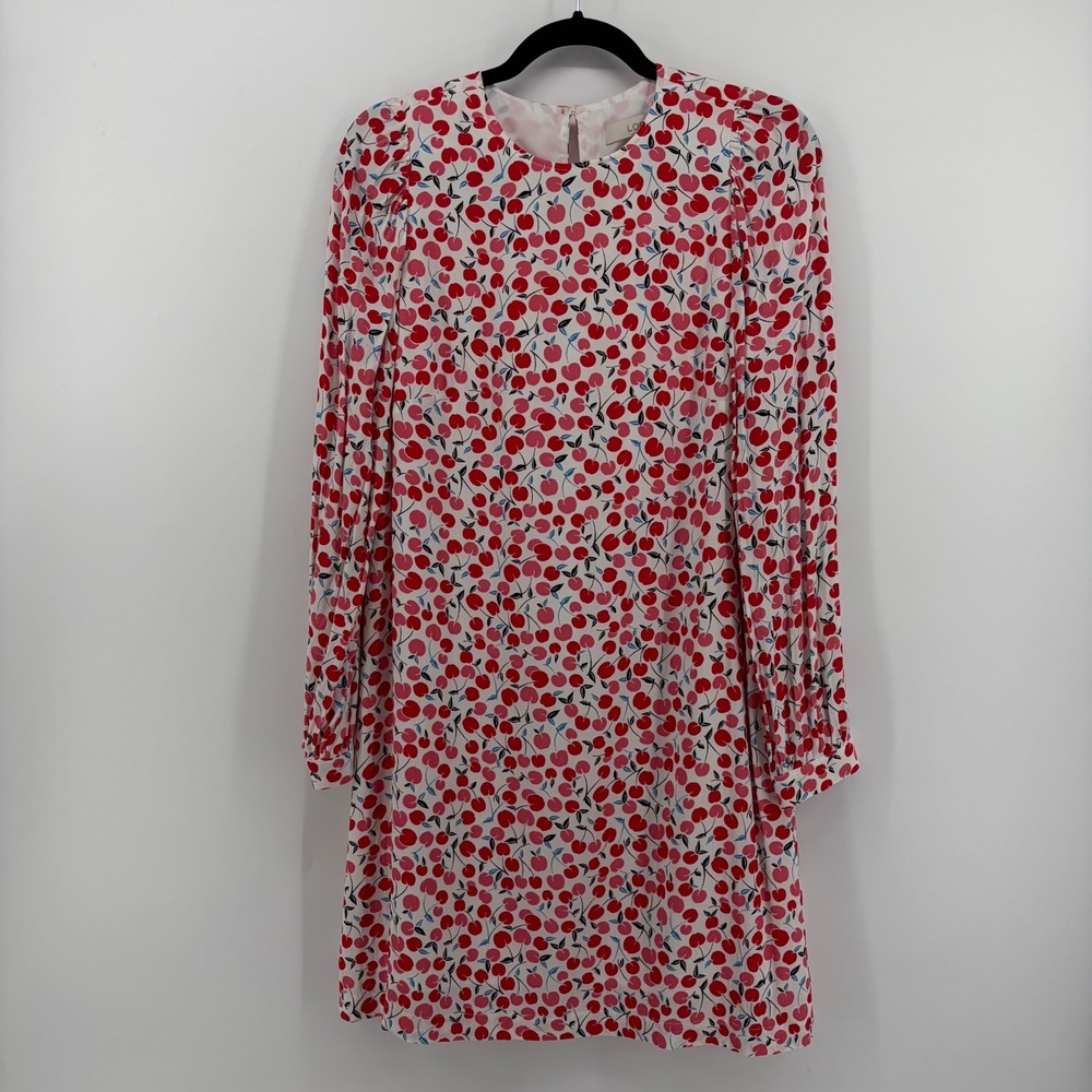 LOFT Shift‎ Dress White Red Cherry Print Women Size S Long Sleeve Lined Keyhole